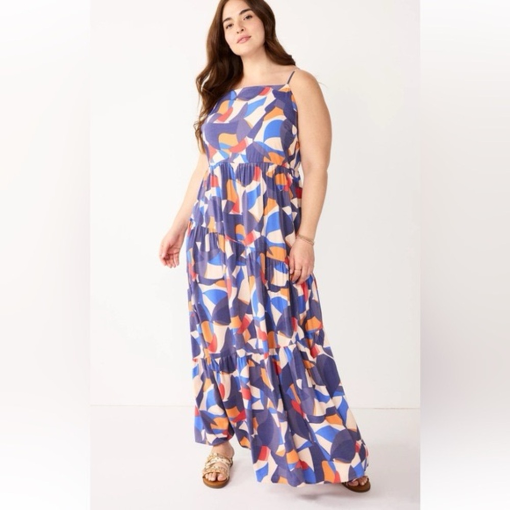 Nine West Maxi Tiered Spaghetti-Strap Dress in Abstract Blue Print